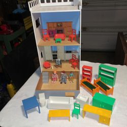 Modern Contemporary Dollhouse With Lots Of Furniture And 3 Figures (25" Tall, 13" Wide, & 10" Deep)Storage Drawer Is Also Another Room