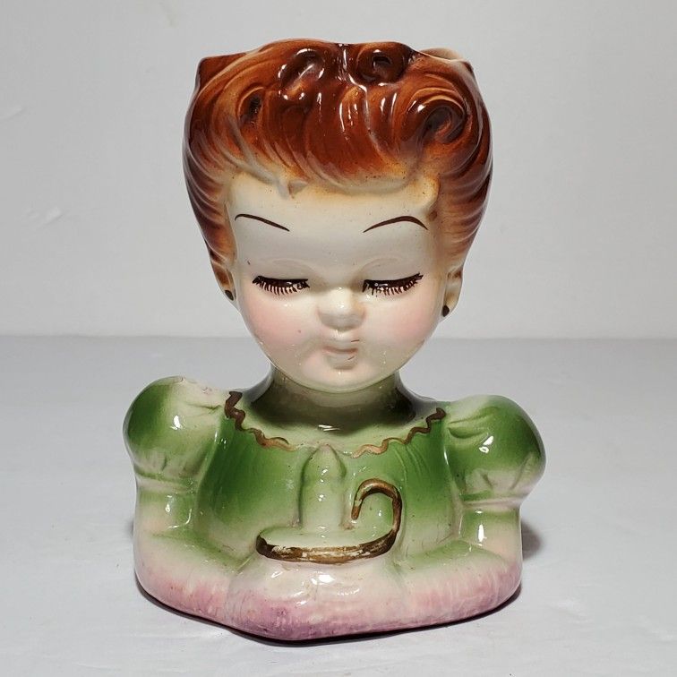 Lady Head Vase Planter Young Girl with Candle