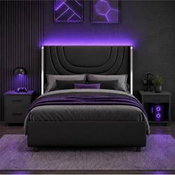 Twin Size Bed Frame with LED Lights and Silver Wingback Headboard,Black
Faux Leather Upholstered Platform Headboard, Modern Style, No Box Spring Neede