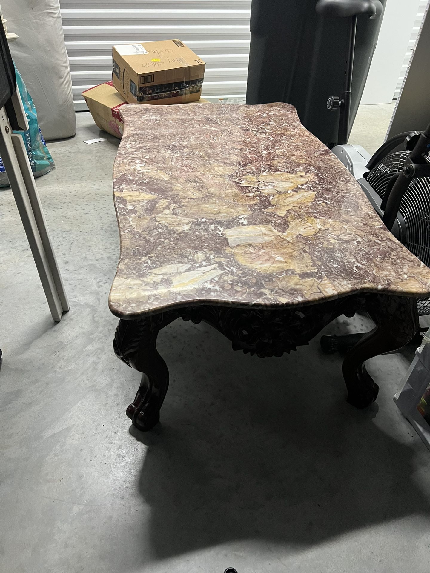 Solid Marble Top Carved Wood Coffee Table – Heavy, Elegant, Vintage