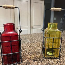 2 Glass Metal Candle Holders
