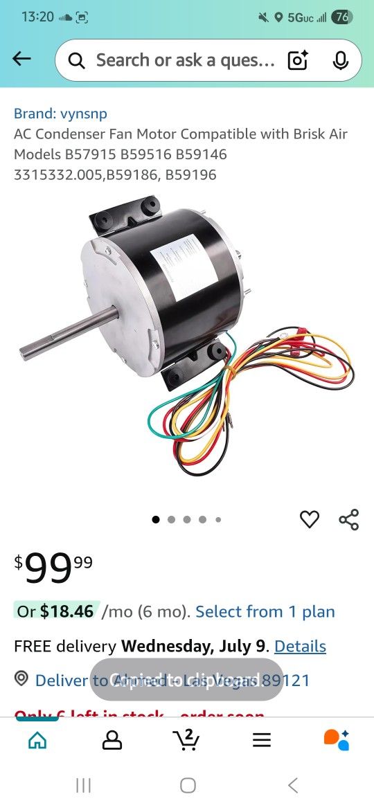 AC Condenser Fan Motor Compatible with Brisk Air Models B57915 B59516 B59146 (contact info removed).005,B59186, B59196
