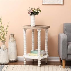 White and Natural Wood Round Accent Side Table with Storage