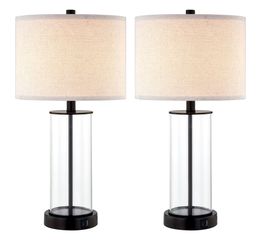 23" Clear Glass Table Lamp Set (2-Pack) – Bedroom and Living Room Nightstand Lamps with Built-In USB Ports and AC Outlet, Includes Bulbs