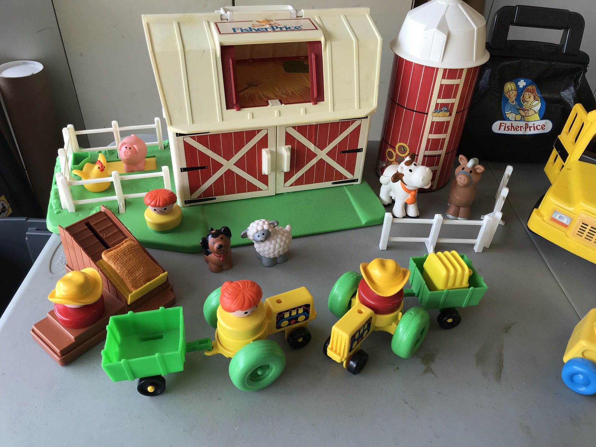 Vintage Fischer Price Play Sets Farm School Bus Play House Sea Plane and Others