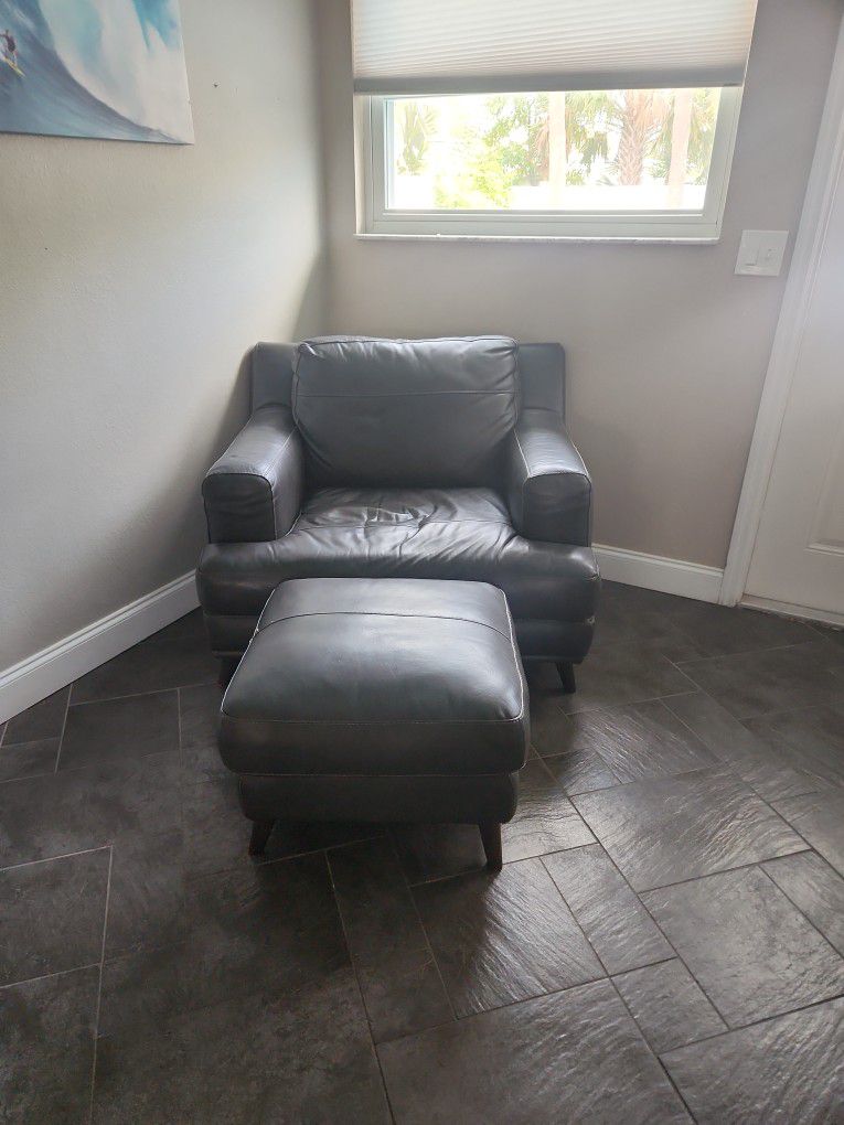 Large Grey Leater Chair And Ottoman 