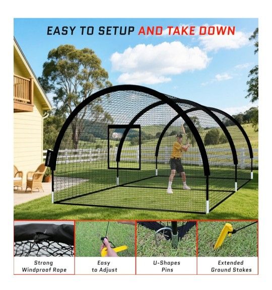 Baseball Batting Cage Net - Batting Cages for Backyard 22x12x8ft Portable Baseball & Softball Batting Cages, Zipper Door & Pitching Hole for Training