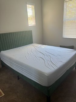 Green Velvet Upholstered Queen Size Headboard and Mattress Included