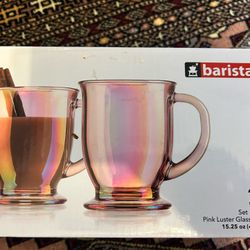  Set of 2 Glass Coffee Mugs w/ Beautiful Translucent Pearlized Pink