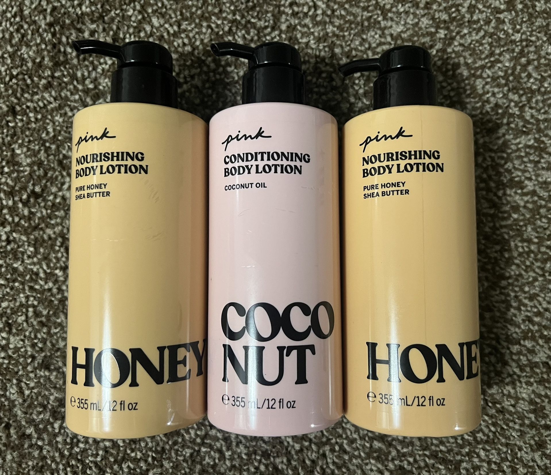 Set of 3 NEW Victoria’s Secret PINK Body Lotion - (2) Honey, (1) Coconut - 12 oz / 355 mL Each Pamper your skin with this luxurious set of 3 full-siz