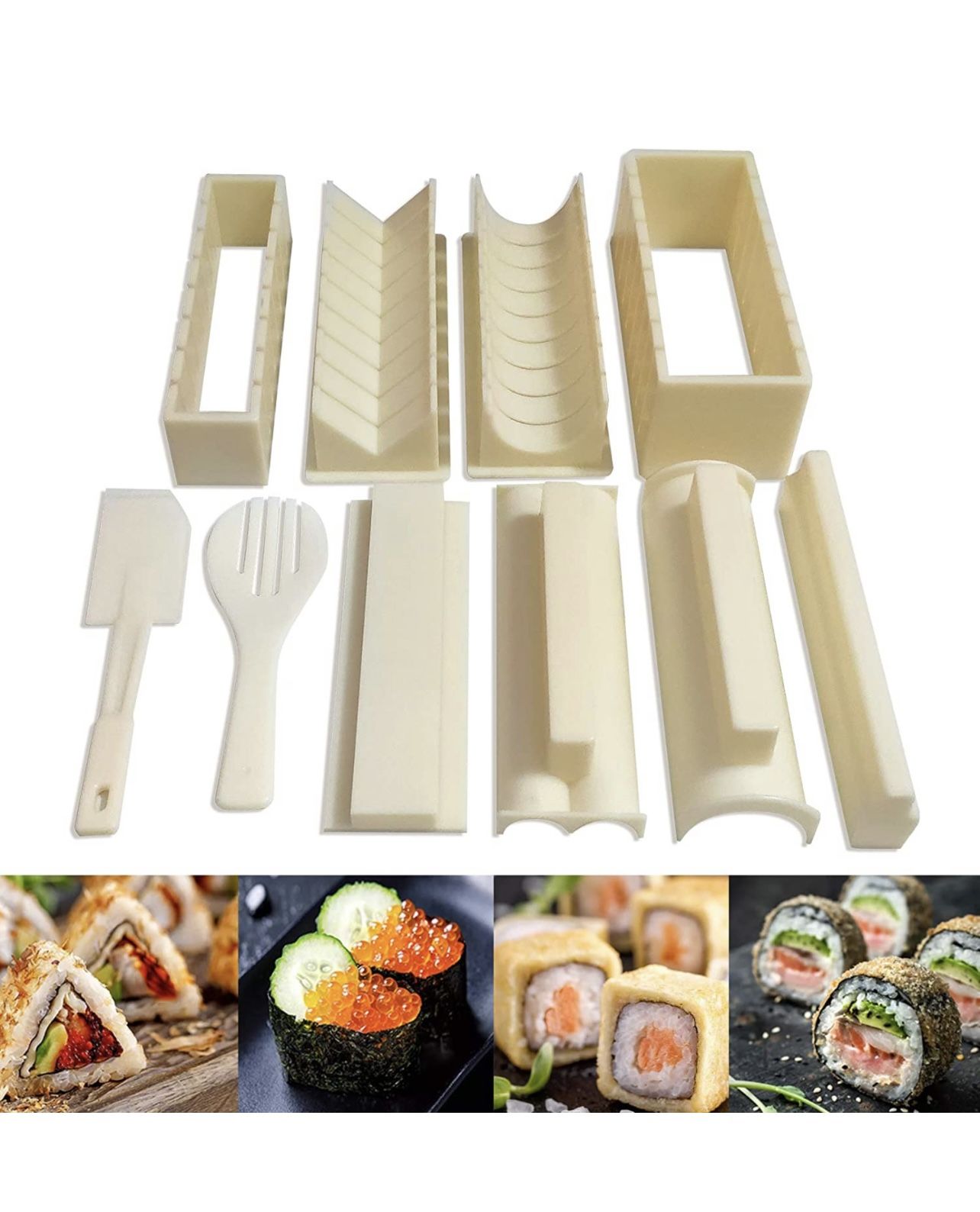 Sushi Making Kit Deluxe Edition, 10 Pieces Plastic Sushi Maker For Beginners with 8 Sushi Rice Roll Mold Shapes DIY Home Sushi Tool, 8x Sushi Molds,