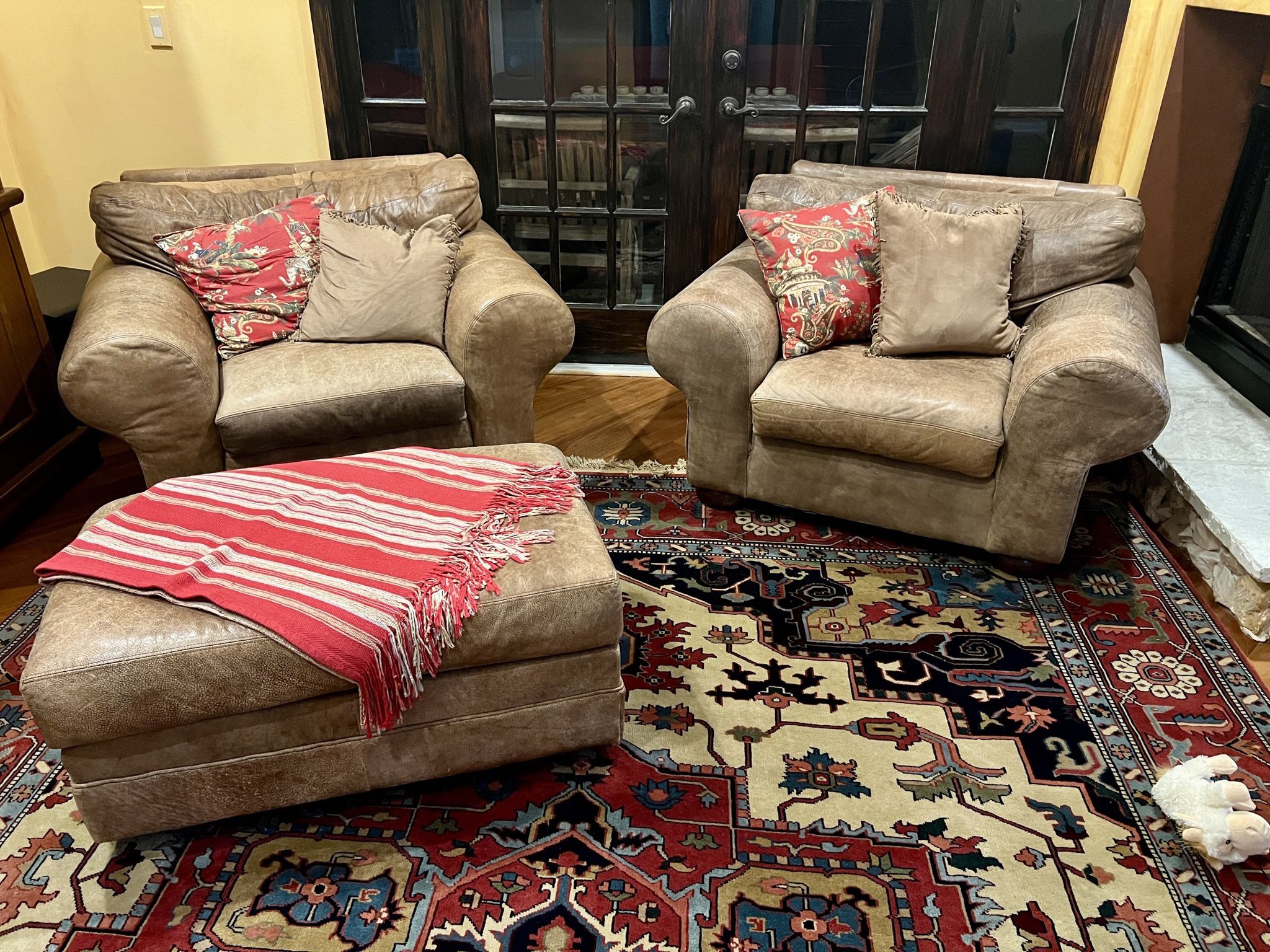 Set Of 2 Distressed Leather Chairs With Ottoman By Jennifer Leather