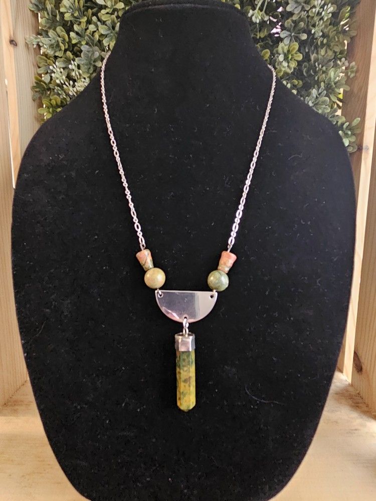 Unakite And Silver Pendant Stone Necklace