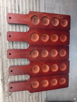 5 Wooden Beer / Whiskey Flight Tasting Paddles – 4 Glass Holders Each