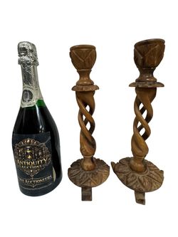 Pair of Carved Wood Barley Twist Candlesticks