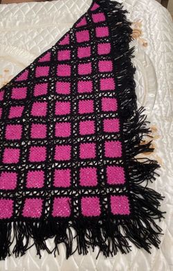 Handmade Pink and Black Crochet Triangle Fringe Shawl