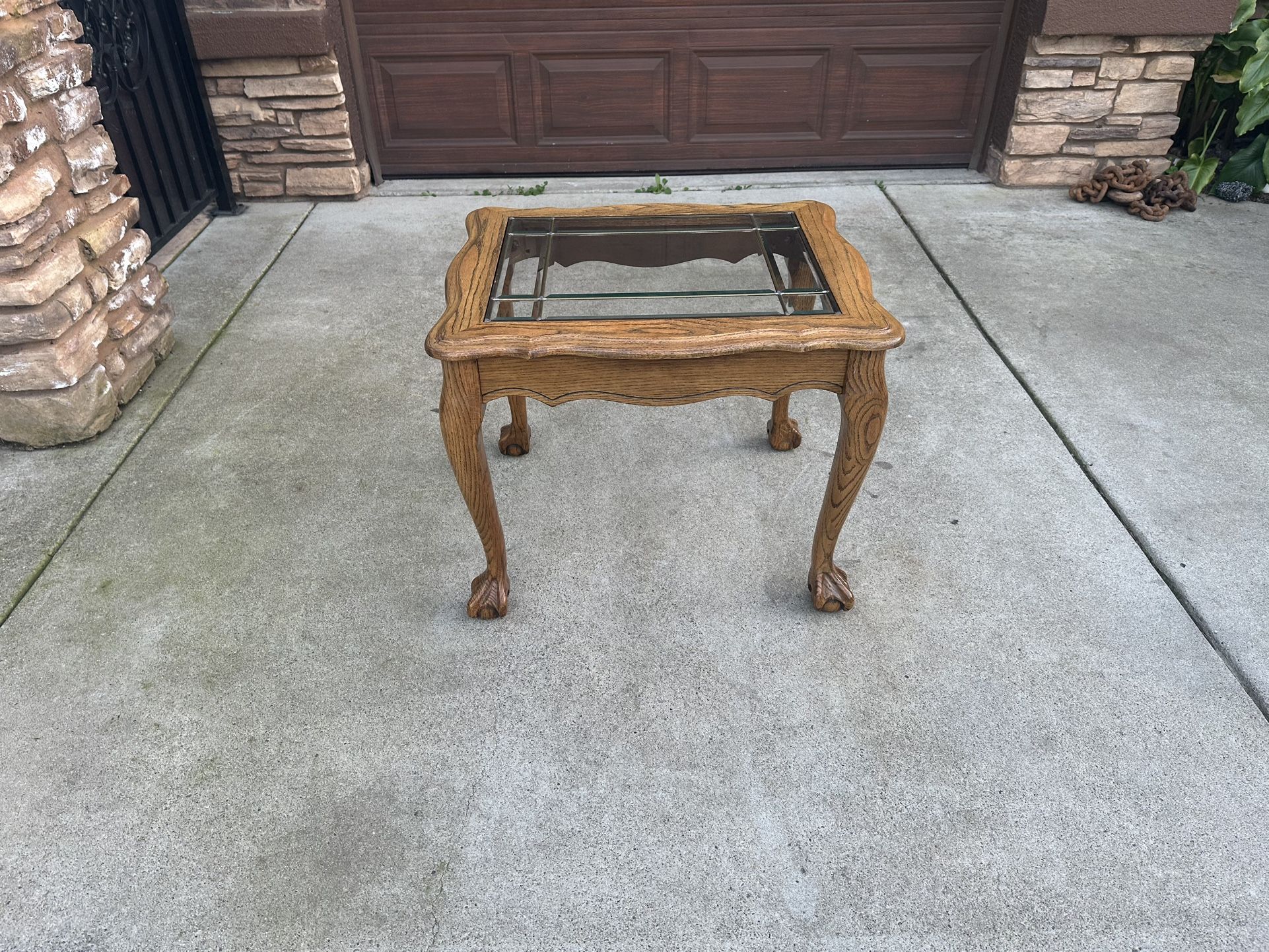 Light Oak Carved End Table with Glass Insert