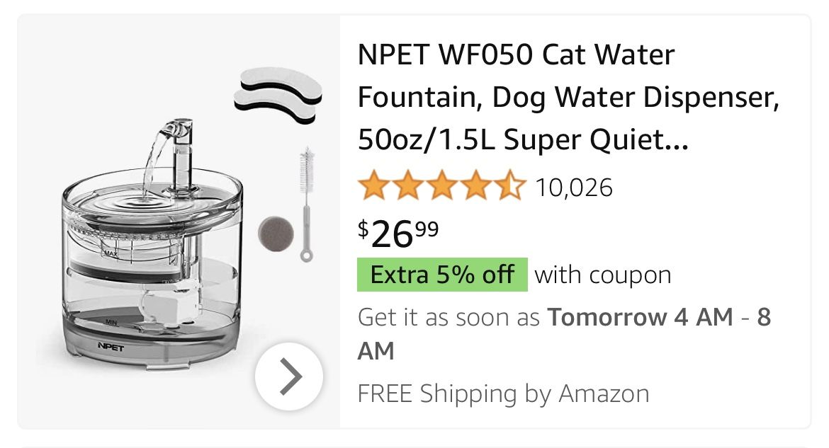 NPET WF050 Cat Water Fountain, Dog Water Dispenser, 50oz/1.5L Super Quiet Automatic Pet Drinking Fountain with Faucet Kits