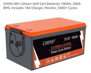 CHINS 48V Lithium Golf Cart Batteries 100AH, 200A BMS, Includes 18A Charger, Monitor, 5000+ Cycles