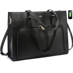 15.6 inch Laptop Tote Bag with USB Charging Port Waterproof PU Leather