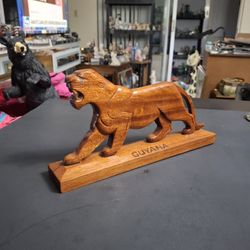 Hand Carved Wooden Sculpture Of A Big Cat -Tiger Or Jaguar "Guyana" On Base, Tropical Hardwood, Traditional Guyanese Folk Art 11"W X 5.5"H
