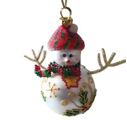 Glass Beaded Embossed Hand-Painted Snowman Christmas Ornament 