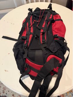 Eddie Bauer internal frame hiking backpack in red and black