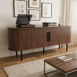 Embossed Particle Board TV Stand, Oval Tabletop 147x35x58cm, Modern Entertainment Center with Sliding Grid Doors, Media Console Cabinet for Living Roo