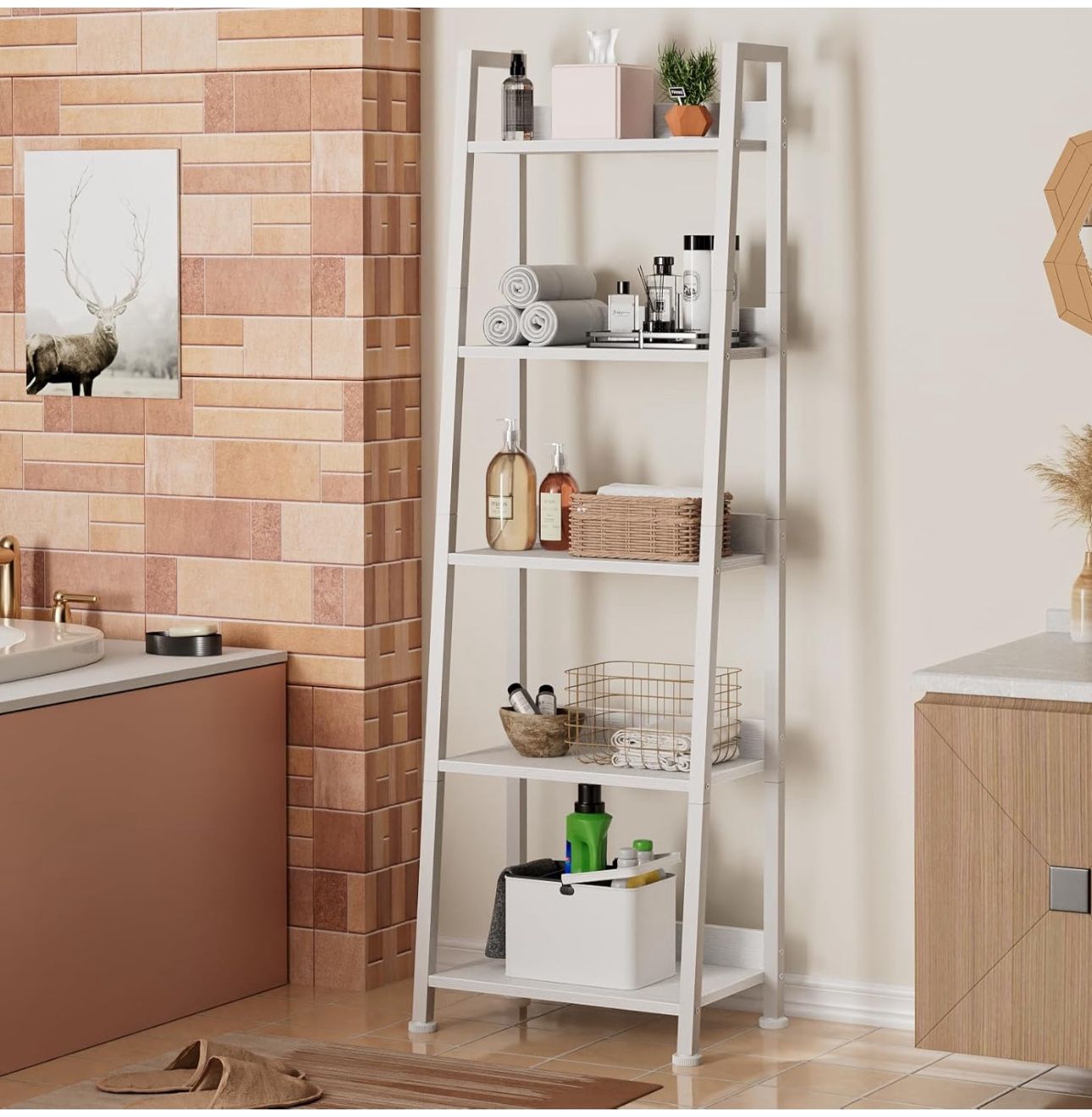 Wood Ladder Shelves Organizer Storage with Fabric Drawer Size Length 17", Width 11", Height 56" New Condition Assembled