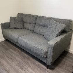 Grey Sofa / Couch With Wood Legs And Two Pillows, 80 Inches Great Condition