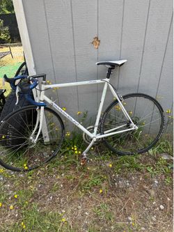 This white Schwinn Paramount Series 5 PDG road bike features a lugged steel frame designed by Waterford but manufactured in Japan by Panasonic.