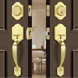 Double Front Door Handleset with Deadbolt - Brushed Gold Classic Entry Handle Set with Dummy, Reversible Lever, Zinc Alloy, Exterior Lock Set, Satin B