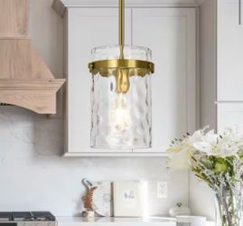 1-Light Mini Pendant Light, Modern Brass Finish Hanging Lamp with Textured Clear Glass Cylinder Shade