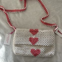 NWT Isaac Mizrahi Beaded White w/ Pink Hearts Valentines Cottagecore Bag Purse