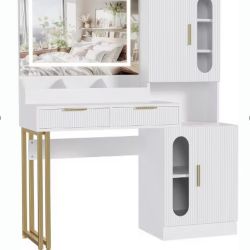 45” Large Makeup Vanity Desk with Mirror and Lights, Modern Fluted Vanity Table with Drawers, Cabinets & Charging Station, Wooden Dressing Table for B