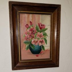 VINTAGE SIGNED WOOD FRAMED ACRYLIC STILL LIFE FLORAL FLOWER ROSE BOUQUET CANVAS PAINTING PICTURE ART DECOR