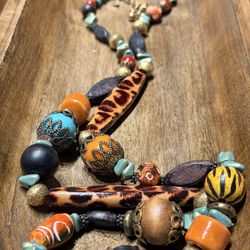 Chico's Exotic Multicolor Wood Beaded Necklace 30in approx