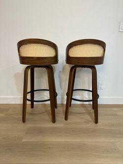 Swivel Bar Stools Set of 2, Upholstered Barstools with Rattan Back, Footrest, PU Leather