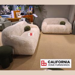 White, Dark Gray, Green Boucle Cloud 2 Piece Set – Plush Faux Fur Modern Curved Couch (Matching Swivel Sofa & Loveseat Available)