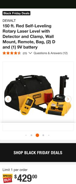 DEWALT
150 ft. Red Self-Leveling Rotary Laser Level with Detector and Clamp, Wall Mount, Remote, Bag, (2) D and (1) 9V battery