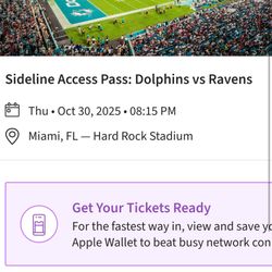 Miami Dolphins Vs Ravens VIP On Field Sideline Access Passes 
