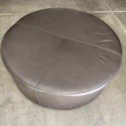 Round Brown Leather Ottoman 