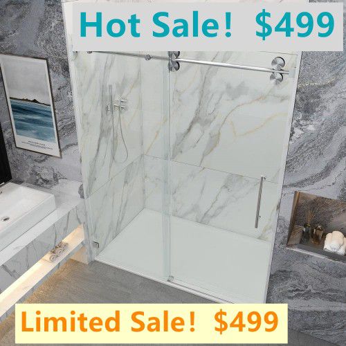 60 in. W x 76 in. H Single Sliding Frameless Shower Door in Brushed Nickel with Smooth Sliding and 3/8 https://offerup.com/redirect/?o=aW4uR2xhc3M= Cl