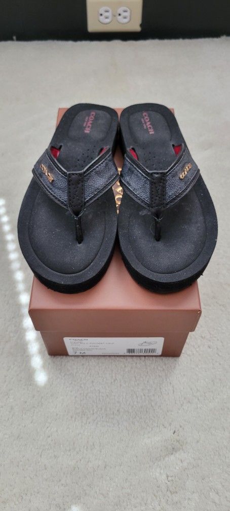 New Womens Size 7 Black Coach Flip Flops