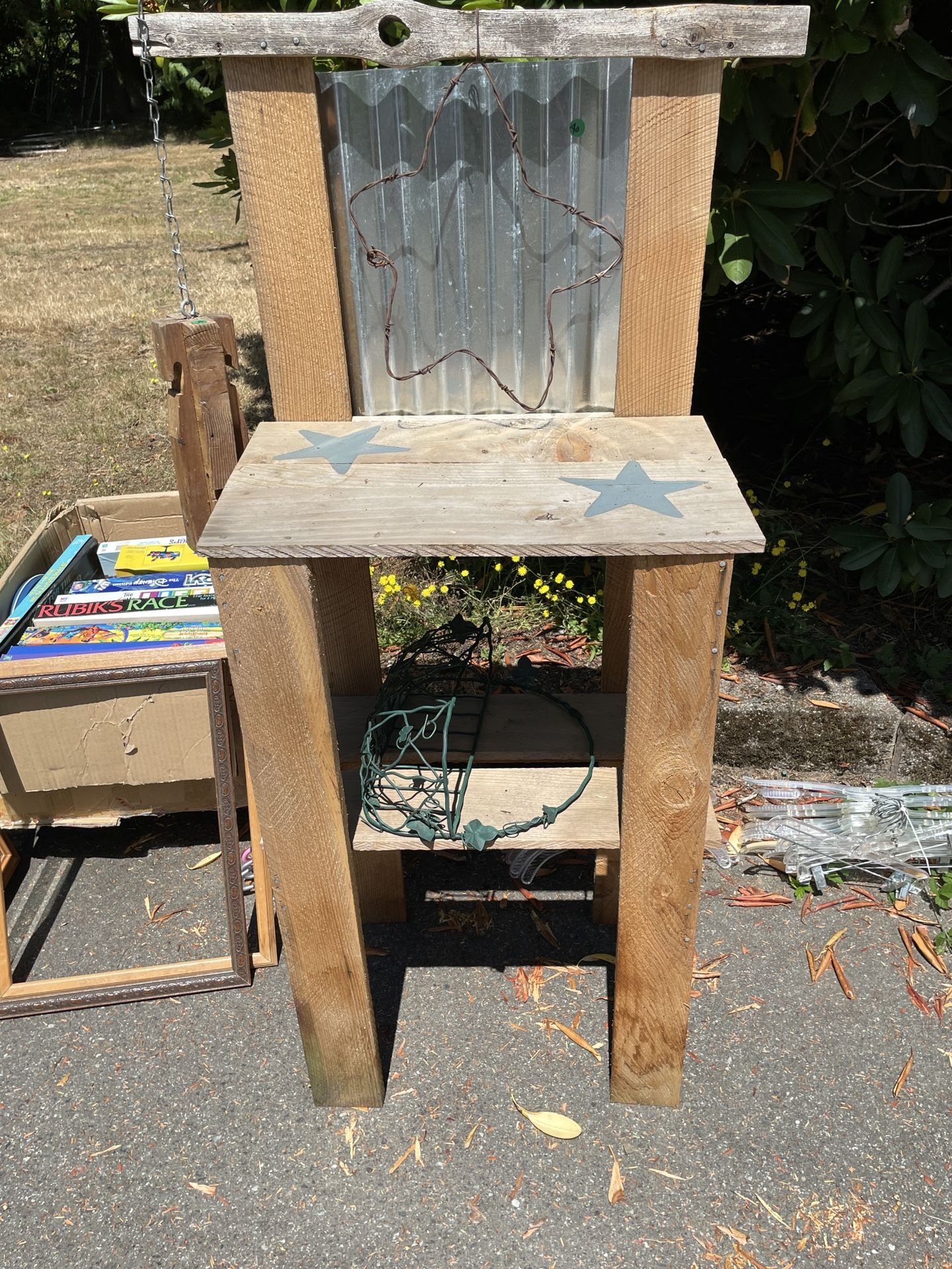 Garden Shed, Shelving With Hangers, Christmas Decorations, And Antique Water Skies