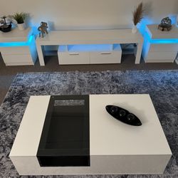 Modern White High Gloss LED Living Room Set — Coffee Table, TV Unit & 2 Side Tables