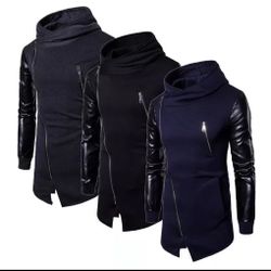 Faux Leather Sleeve Zip Up Sweatshirt Hoodie 3 Pack