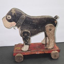 Antique FRANTZ Pull Toy Dog - Wood and Tin toy
