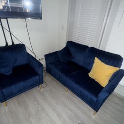 Navy Blue Velvet Couch & Chair Set