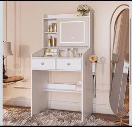 White Makeup Vanity Desk with Mirror, Drawers & Shelves